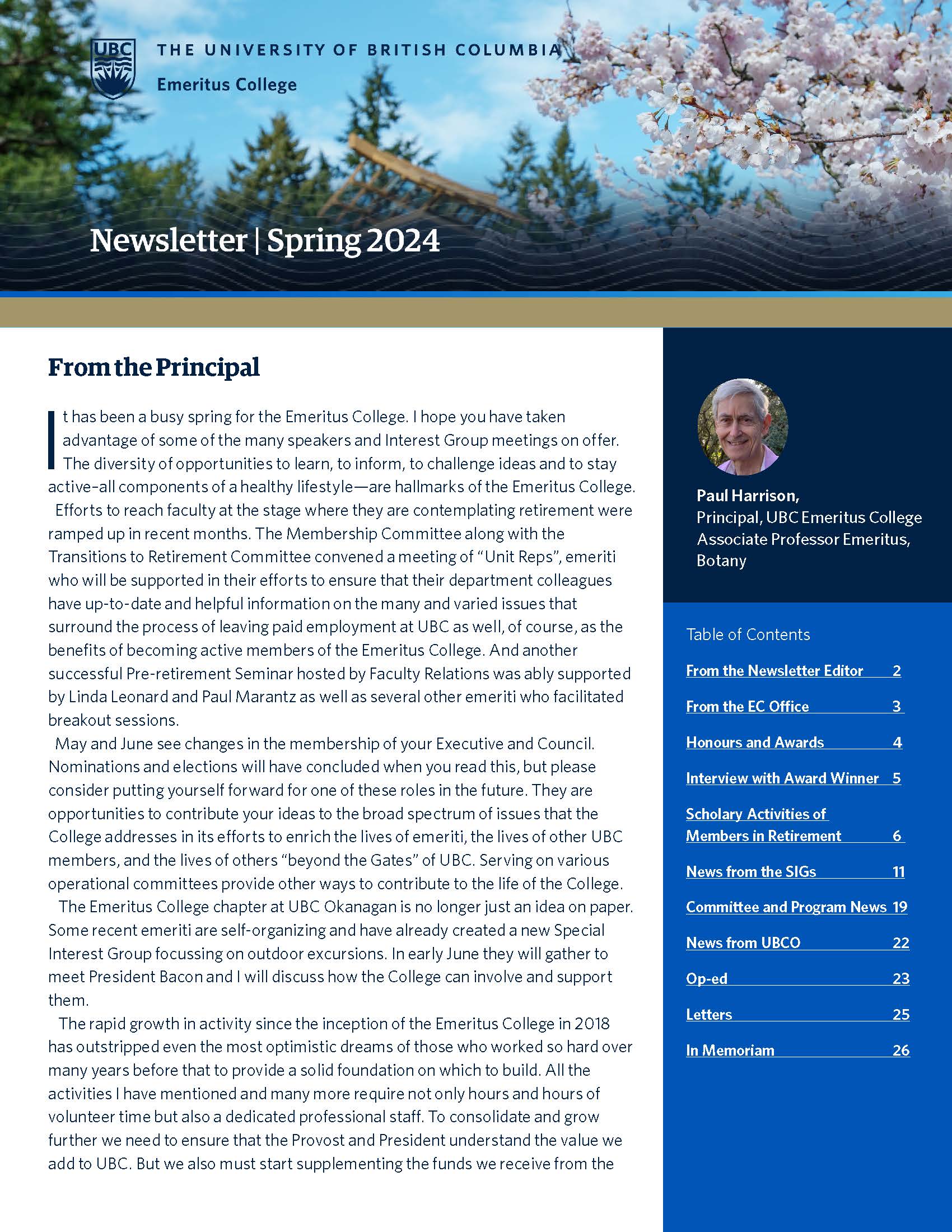 Emeritus College Spring 2024 Newsletter cover