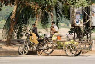 Laos image of motorcycle, cart and people on the street surrounded by palm trees